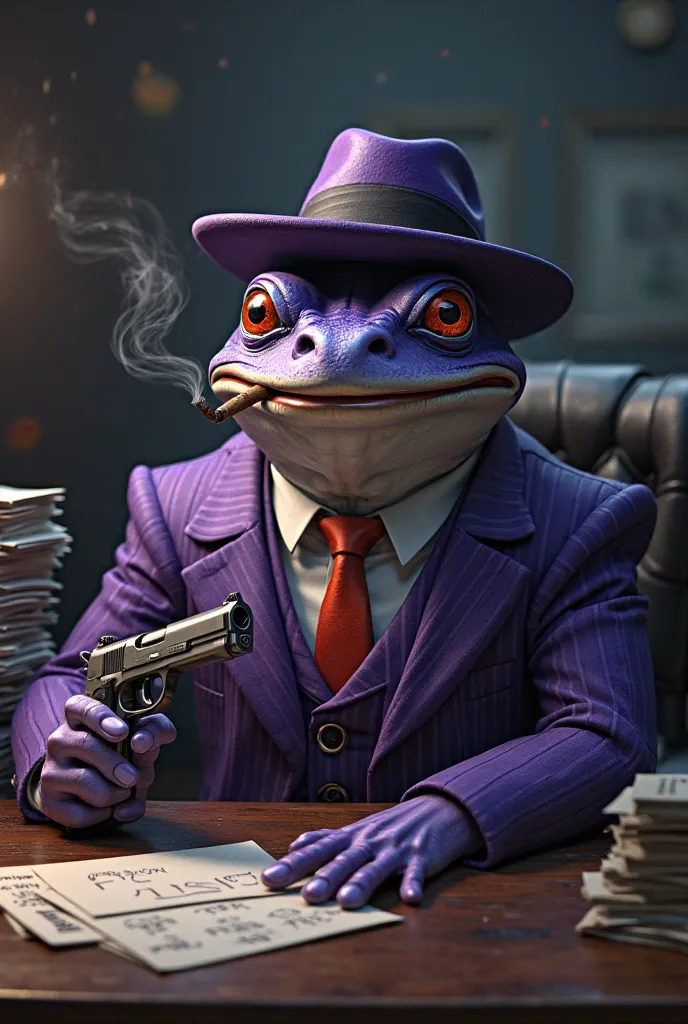 "A tough mafia boss purple frog wearing a pinstripe suit, fedora hat tilted to the side, smoking a cigar, holding a tommy gun, sitting at a desk with stacks