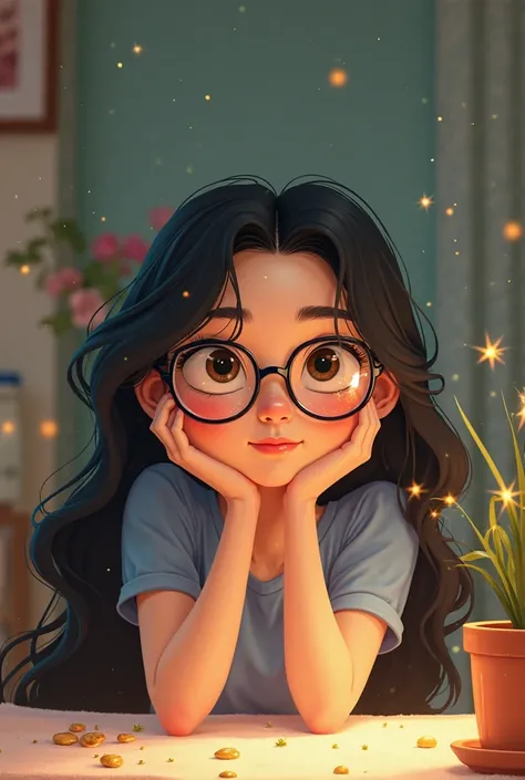 one with long black hair curly at the ends, White skin with round glasses. She stands in front with her head resting on her arms. It's a Disney animation. She is on her stomach facing forward.
