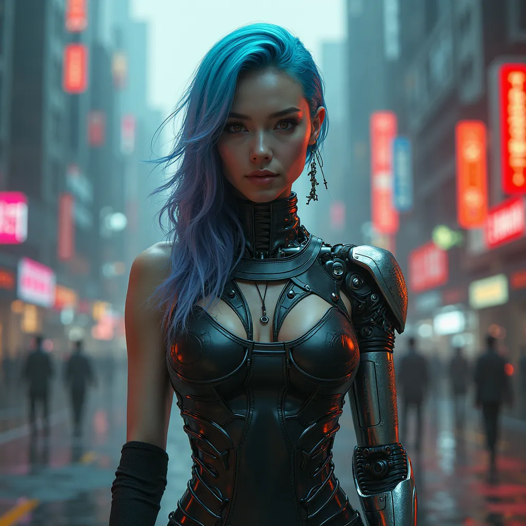 random cyberpunk woman in a random place in a random dress with a random expression on her face and random hair colour with robot arm