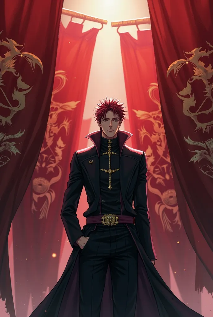 Generate image of Aizen Sosuke standing in front of banners with crest of Red Dragon alliance