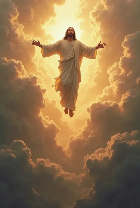 Jesus Christ descending from heaven**: Jesus is represented descending from the clouds, with a heavenly glow enveloping him. He is often shown in a majestic posture, with outstretched arms or in an attitude of blessing.