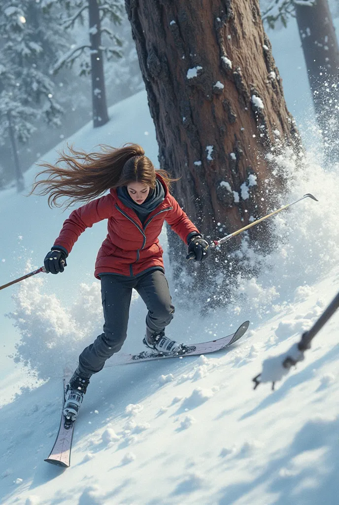 Make a 16-year-old girl with brown hair who has an accident because she skis against a tree