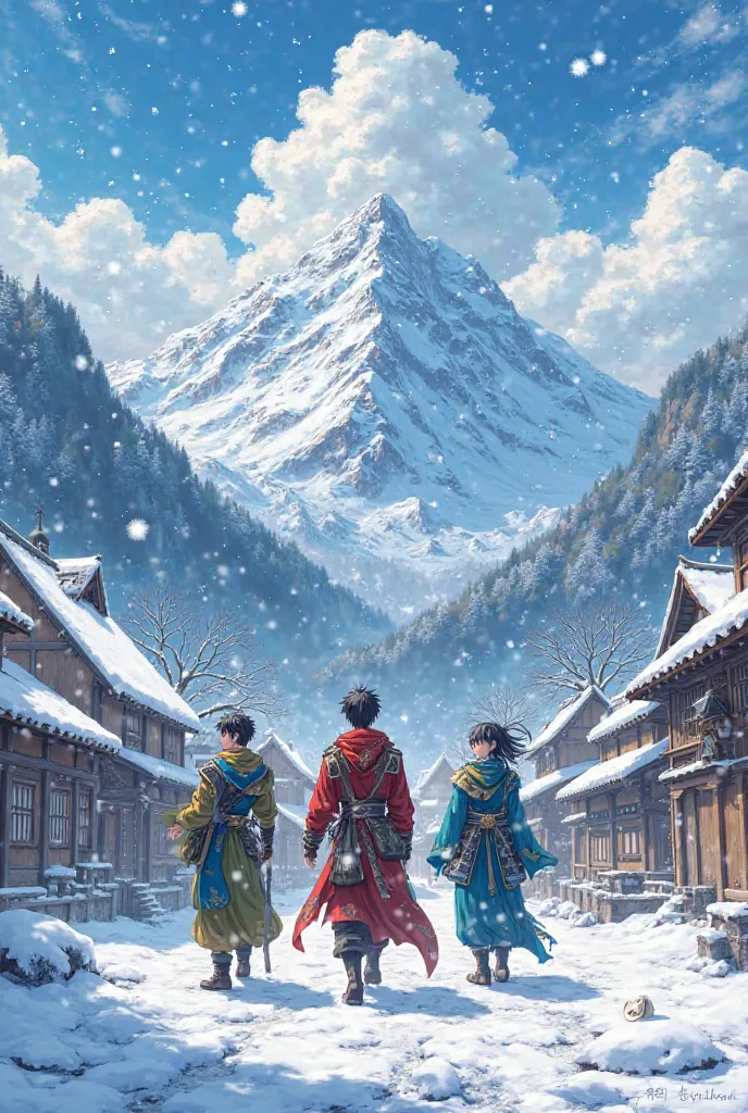 Manhwa Cover title "Elemental Odyssey" with snow village in the background subtitle "Yukibori Village Arc" 