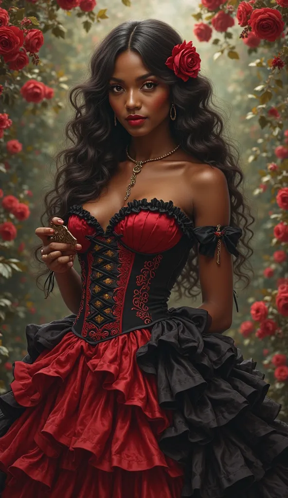 "Artistic and detailed portrait of a 38-year-old black woman with long wavy hair, partially falling on the right side of the face, side hair. She wears an elegant antique red corsage with black ribbons and a long adorned round skirt With seven layers of bl...