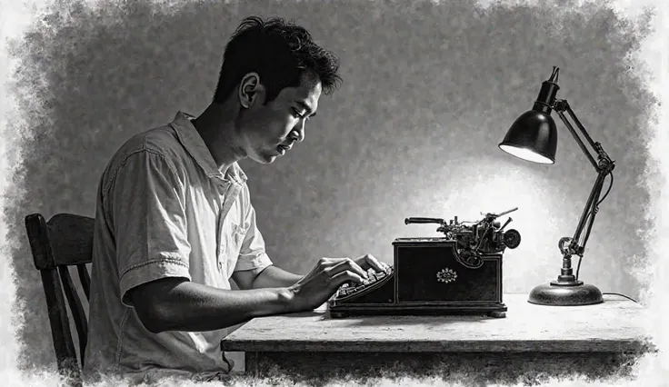 A black-and-white pencil sketch of an Indonesian man sitting at a dimly lit table, using a classic typewriter. His gaze is downcast as he types, and his expression is sad. The lighting is low, casting soft shadows over the scene, highlighting the man's con...