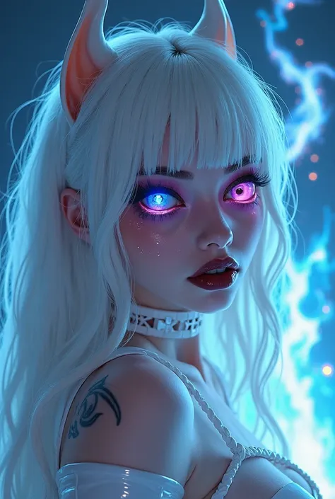 woman, right eye blue, left eye pink, eyes reflecting stars, close-up eyes, dark lips, tattoo, big lips, choker, devil smile, long white hair, white cat ears, long white nails, wearing white latex costume, military white high heels, sexi pose, devil tail, ...