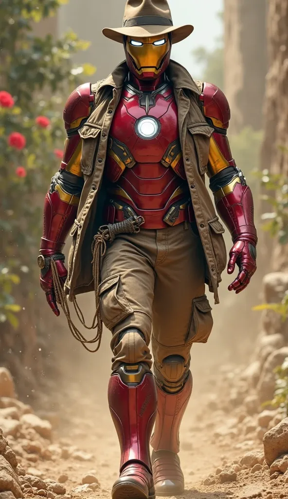 MARVEL Iron Man wearing a costume from the movie Indiana Jones keeping his colors and some parts of his armor walking toward the camera.