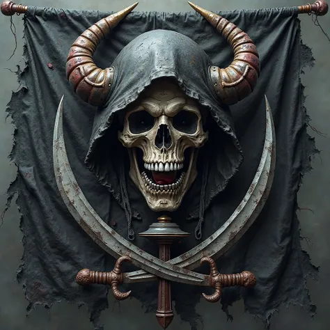 A fearsome pirate flag blending the iconic elements of Jack Rackham, Blackbeard, and Charles Vane’s flags with a menacing hooded demon skull at its center. The background is a tattered black banner, rippling in the wind. From Jack Rackham’s flag, crossed c...