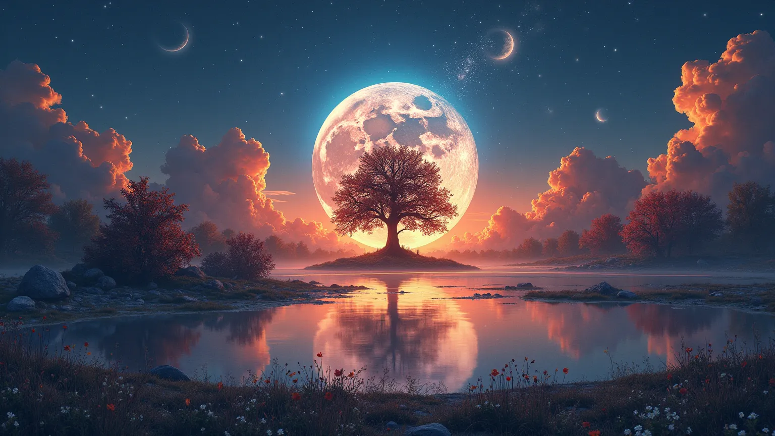 Create a wonderful image of the full Moon on the sky horizon, Colored with beautiful colors of the four seasons and a splendid evening of a tree of the human species with representatives of all human races, a paradisiacal forest created by God's hands.