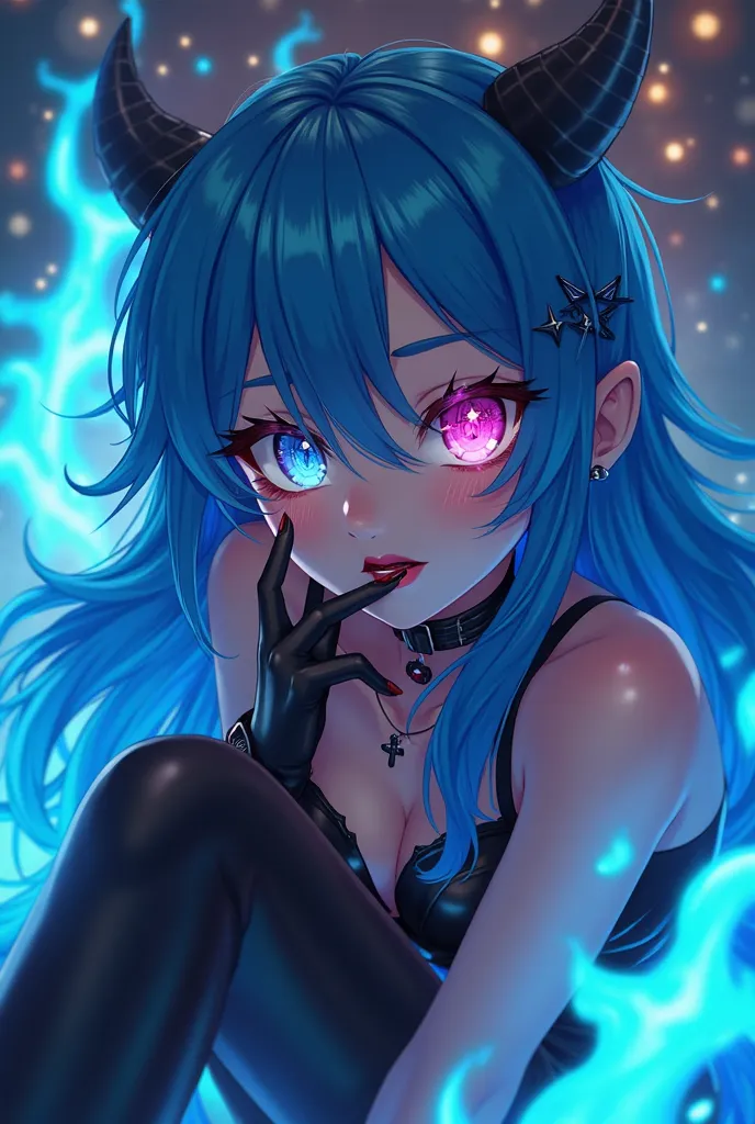 woman, right eye blue, left eye pink, eyes reflecting stars, close-up eyes, dark lips, tattoo, big lips, choker, devil smile, long blue hair, blue cat ears, long black nails, wearing black latex costume, military black high heels, sexi pose, sit, devil tai...