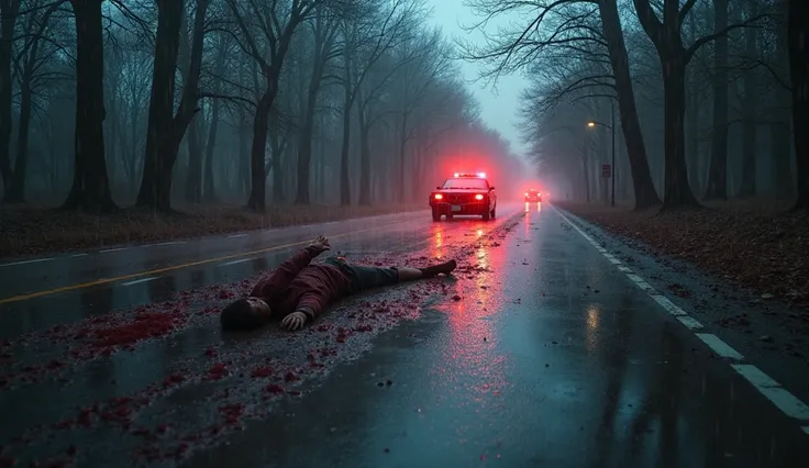 It's raining on the city streets, blood is mixing with the rain, a date body is lying dead. The police car is driving next to the dead body with red lights on. Show the picture from near the dead body's head and it is raining heavily and there is a lot of ...