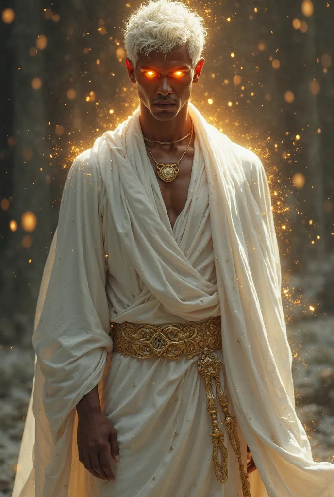 Light brown skinned man, dressed in white with a gold belt, short white hair like snow and eyes like fire 