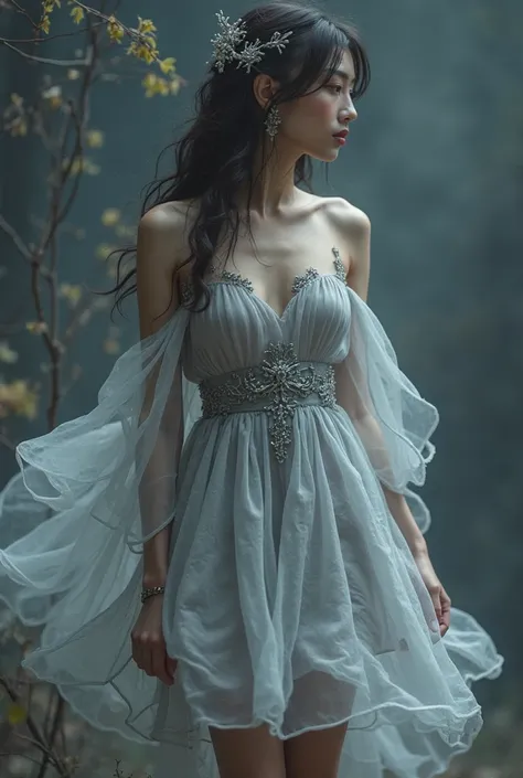 A short dress in silver and greyish-blue tones, recalling the moonlight. The fabric is light and flowy, with semi-transparent layers that seem to dissolve in the air. There are small embroidered details in the form of feathers and wilted flowers, symbolizi...