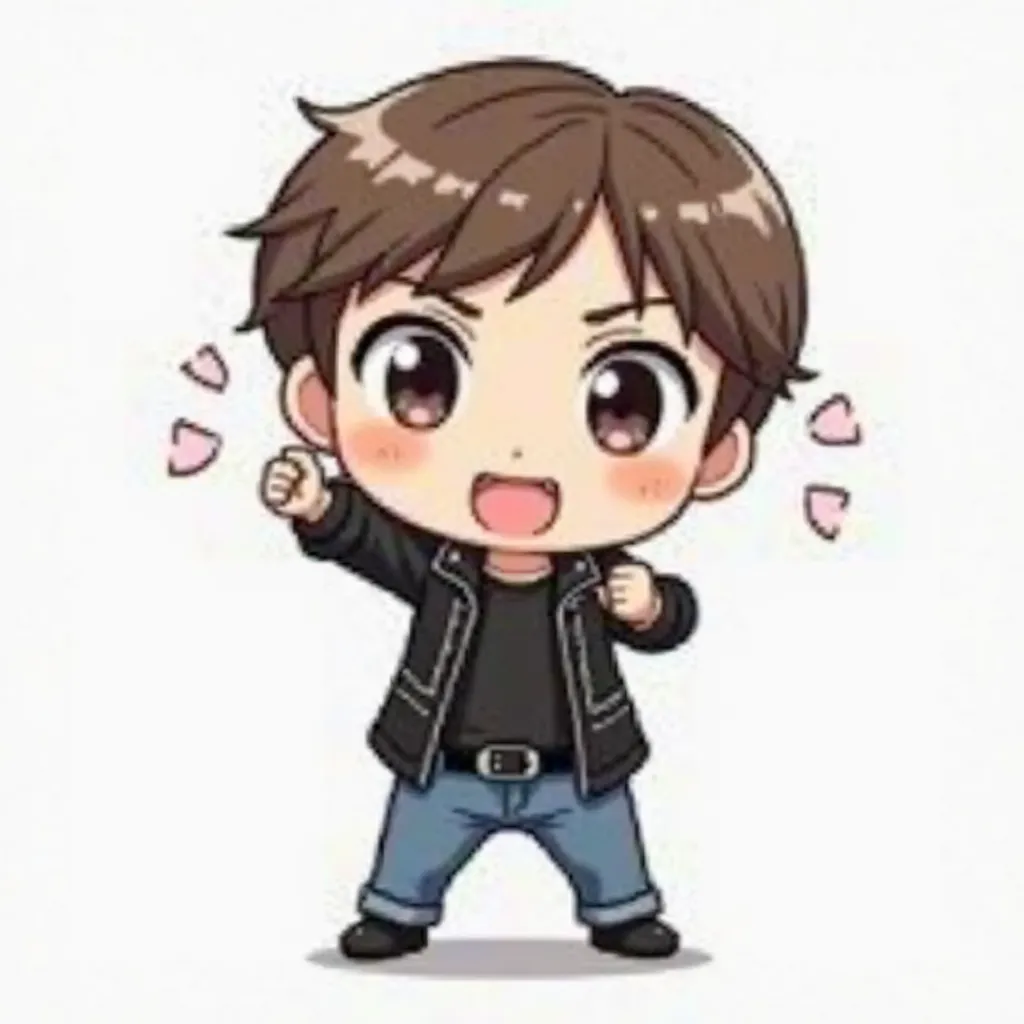  anime, cartoon,Chibi drawing, age boy Tall1, Make a face,with a sly smile,Both arms make a fist pose,มีอมยิ้ม🍭ติดอยู่บนหัว,Wearing a black leather dress,Black inner shirt, black belt ,blue jeans, black leather shoes 