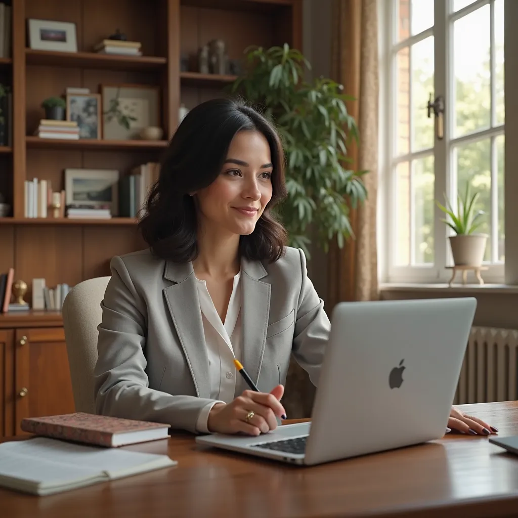 Generate an image of a North American woman sitting sideways at your home office touching her laptop in a beautiful room she shouldn't be Asian