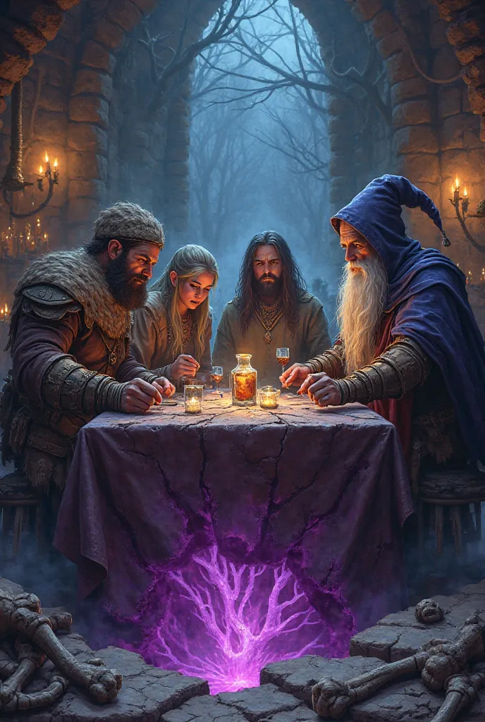 Illustration , fantasy style DnD , four heroes barbarian , elf bard ,  a gnome alchemist and a witch in a tavern . They are depicted on both sides , and in the middle of the table , and under it the crack from where the bones come out , big hands , and fro...