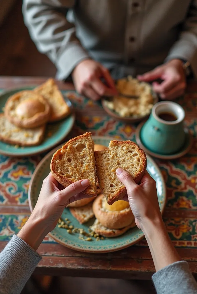 Pov bird's-eye view of a me with mu hands eating (Moroccan bread) and cofe and  mor breakfast food for breakfast  in a traditional Moroccan kitchen. The shot focuses on my hands. The kitchen features colorful 'zellige' tiles and a big kitchen .Soft morning...