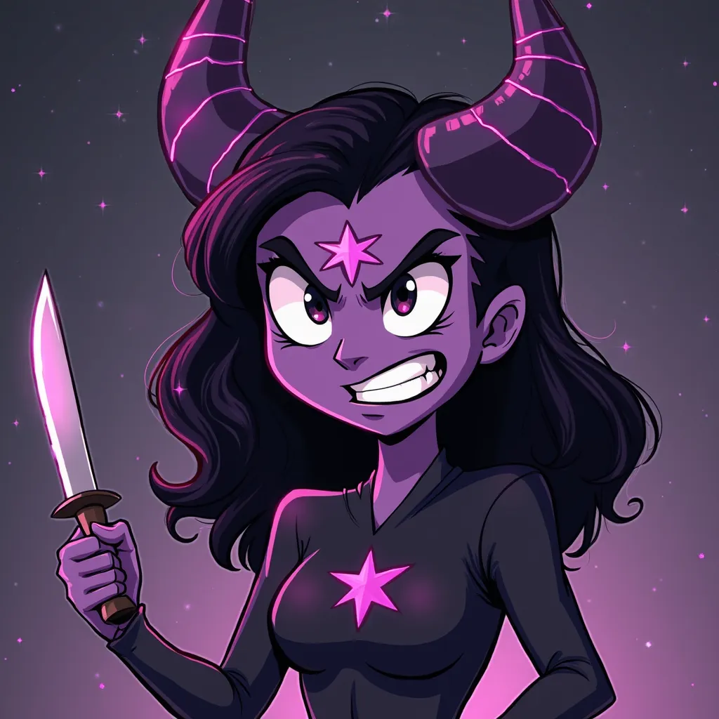 Nix characters,  goddess of the night , color palette with an angry facial expression and a discreet smile, holding a knife and with a star symbol on his forehead. With a purple and black color palette,  cartoon style.