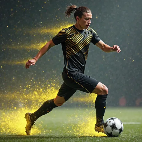 dynamic full body soccer player, wearing a sports uniform, with a modern design, black fabric printed with vibrant yellow rays, transmitting a feeling of speed, power and innovative style