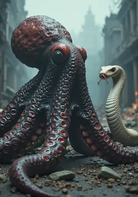 A realistic cinematographic image, hyperrealism style, showing a giant octopus, with large and muscular suckers, with a dark-red color almost black, and a large albino python snake, both full-bodied and standing, side by side, in a gloomy post-apocalyptic ...