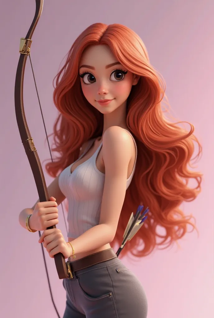 3D rendering in Disney Pixar style ,  Woman , Eyes black ,medium wavy copper red hair , metade  Woman e metade cavalo , a beautiful Sagittarian woman holding a bow and arrows. In hand, smooth lilac background  .