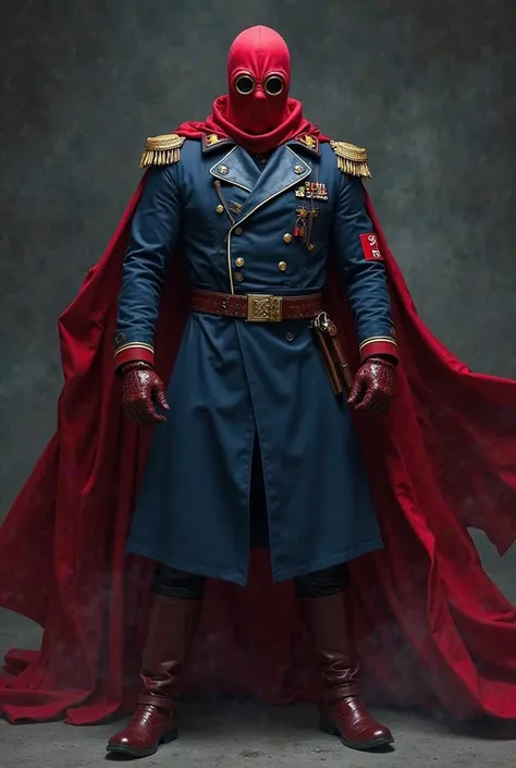 Prompt:
A sinister villain wearing a Nazi-style blue military coat with brass or silver accents, deep red boots, and a flowing red cape. The villain's face is covered by a simple full red cloth mask with no openings, but dark, ominous goggles where the eye...