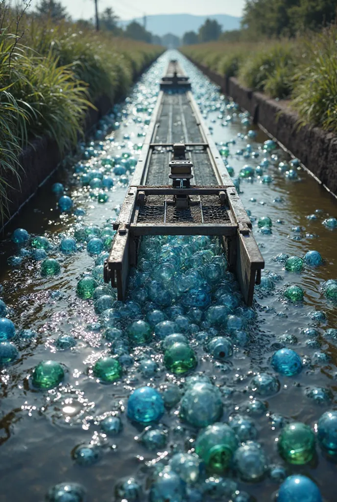 The plastic bottles float on cannel water place machine between cannel it should have mesh that should sperate bottle form cannel the collection bottle take out of machine 
It should realistic image 