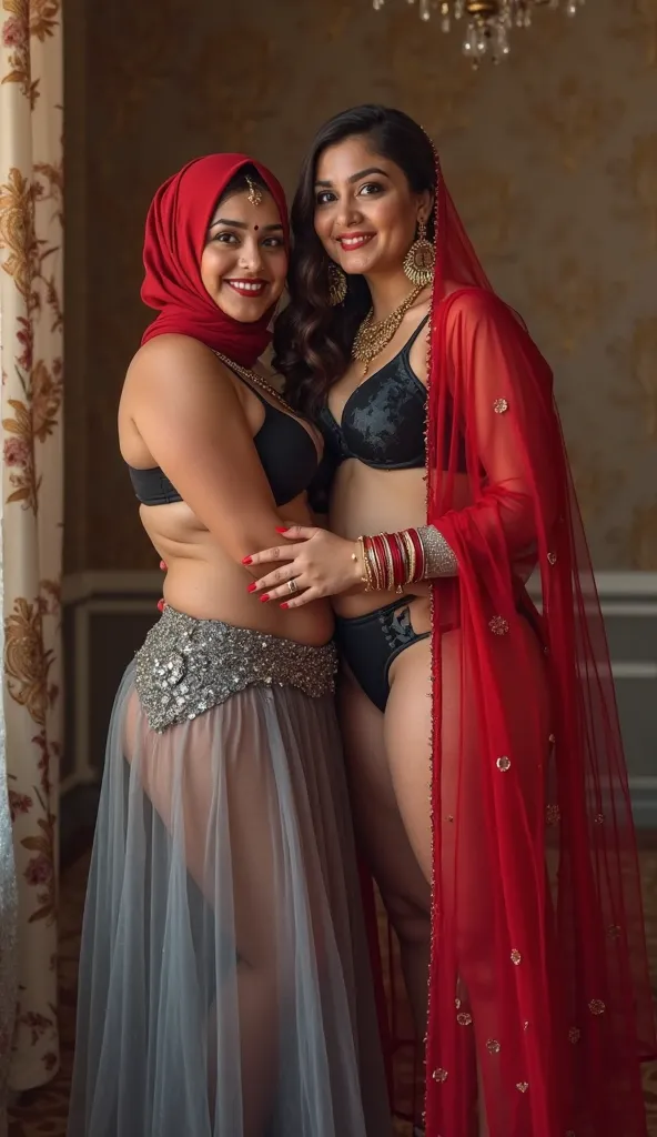 I am 40 year old plus size tall and big giant indian muslim women, looking like indian actress hansika motwani, wearing a black front open bra and shining reflective glossy blue thong panties,gray transparent long skirt and red hijab,white-skin,white skin ...