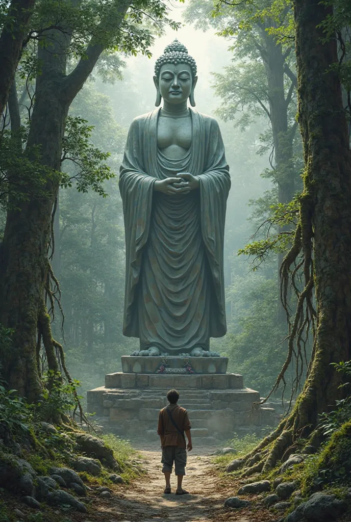 Create a man asking for a big Buddha statue in a deserted temple in the middle of the forest