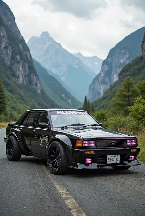 Nissan sunny 1983 japanese model car fully modified with big rims and tyres and body kits and park in between mountains I need the photo for my phone wallpaper 