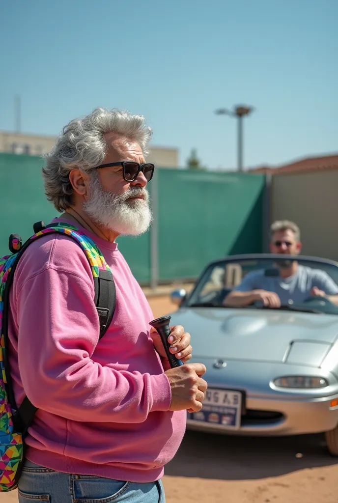 A chubby man, with gray hair and beard, Skinny , wearing thick-framed sunglasses, wearing a vibrant pink sweater and carrying a rainbow backpack. } He holds two padel rackets and is next to a 1992 silver Mazda MX-3, well-groomed.  on its side, a masculine,...