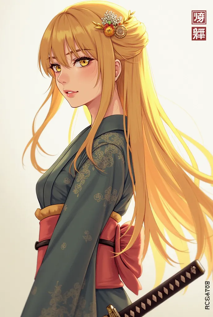 1 girl, yellow kimono , High resolution, looks at the viewer, long hair,  yellow eyes, light yellow hair,  hair flower,  in profile ,  Masterpiece , Точность, Realistic anatomy, Katana in a sheath, kimono inserted into the belt.