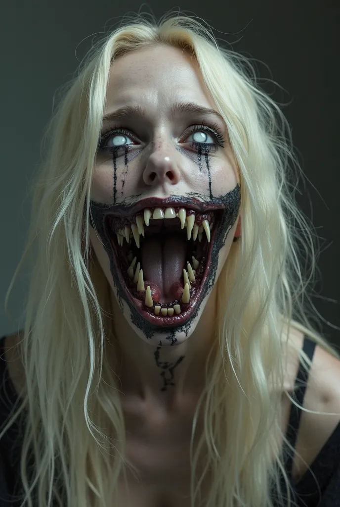 A beautiful young woman with long blonde hair very light. Her eyes are entirely white. Black makeup. Tarry black tears run out of her eyes. She screams. Her jaw is broken. Its mouth is immeasurably open and filled with several rows of long, sharp fangs. It...