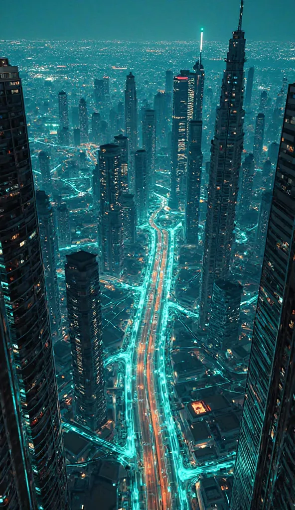 Futuristic cityscape at night, aerial perspective.  High-rise buildings, modern architecture, city lights.  Network of glowing turquoise lines and light trails representing digital connections, overlaid on the cityscape.  Intricate digital pathways crisscr...