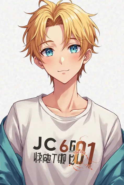 Handsome 21 year old anime boy with blue eyes and short blond hair and a shirt that says: JC601 STUDIOS TO 100K