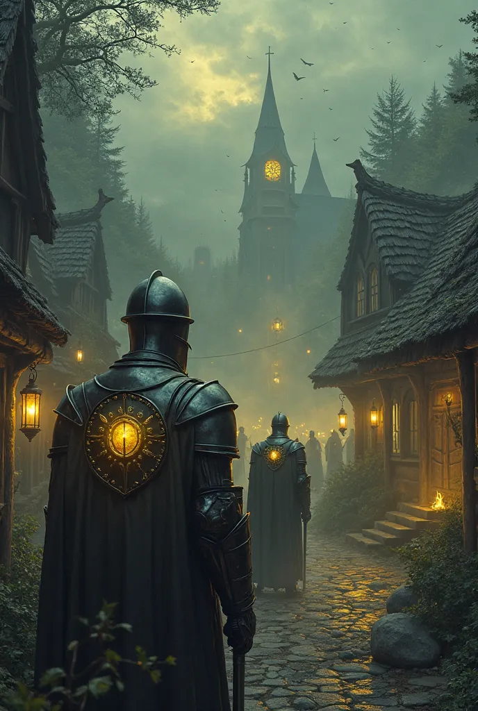 dark fantasy with knights and yellow lights in village