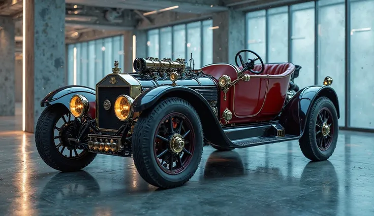 Ford Model T 1908 engine , full view, showcasing premium leather seats, futuristic dashboard, ambient lighting, and high-tech infotainment system