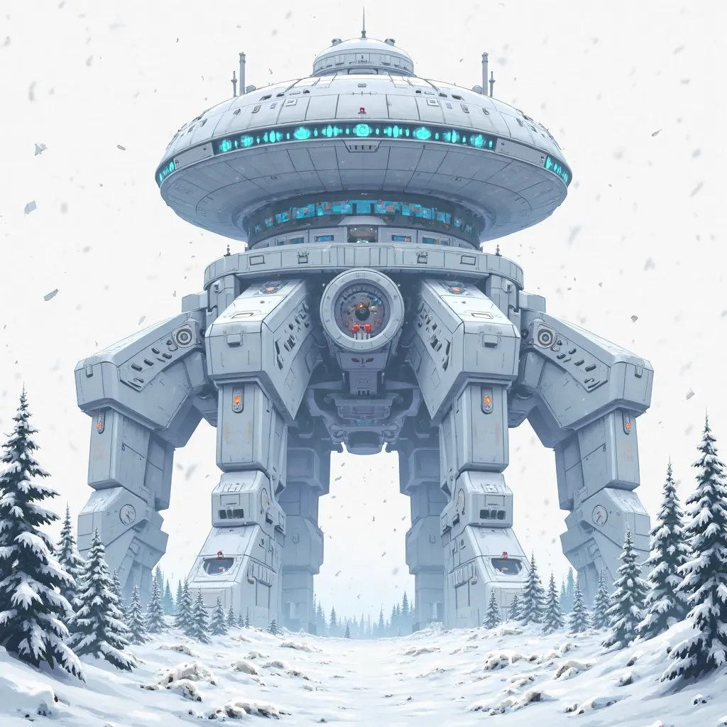 full image, white background,  from the front, anime art, Fortaleza giant technological and advanced, white in color, Gray and blue lights, surrounded by snow and night, circular and square structures, military.