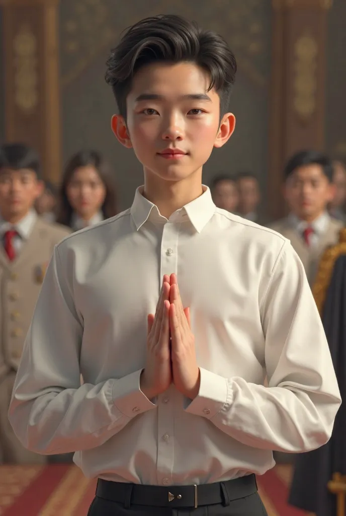 Young man wear white shirt and salutation respect