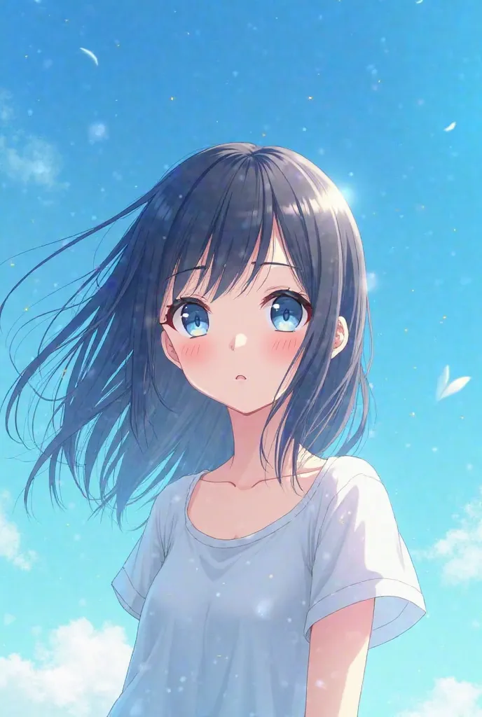 Girl photo anime type with best quality back ground sky blue 