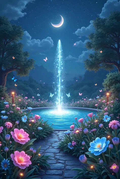 "Celestial Garden"

Create a visually striking artwork that blends the themes of nature and the cosmos. Imagine a lush, vibrant garden filled with exotic flowers and plants under a starry night sky. The flowers should glow softly in luminescent shades of b...