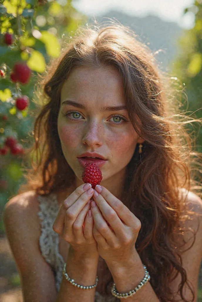 A beautiful girl of Slavic appearance eats and picks raspberries from a bush on a trellis in an industrial berry plantation at a berry farm. 