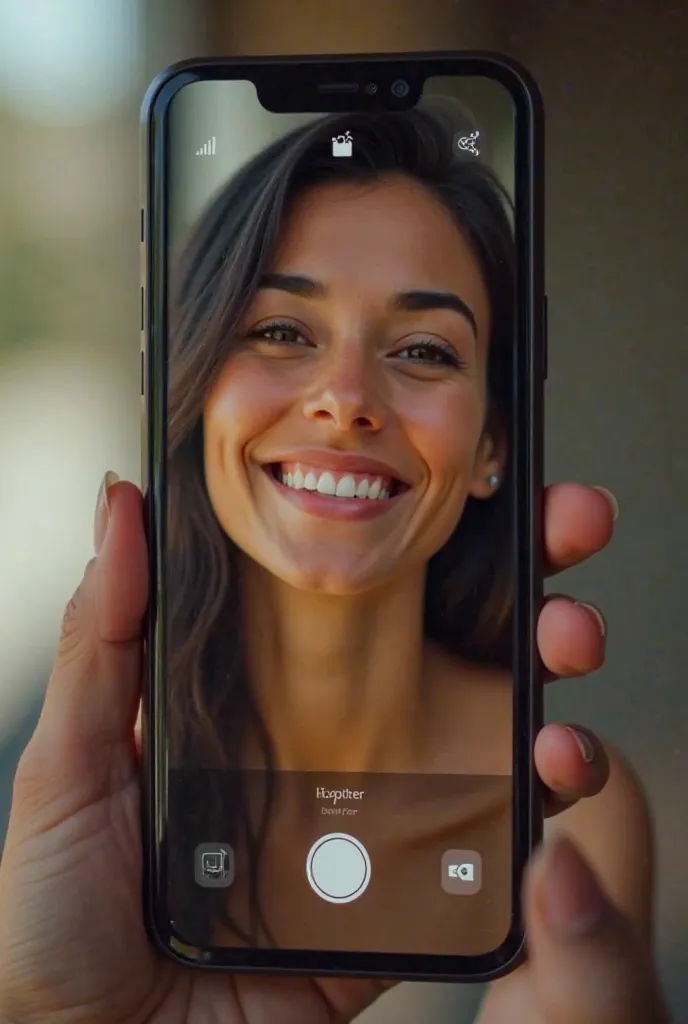 There is a phone with a beautiful smiling woman