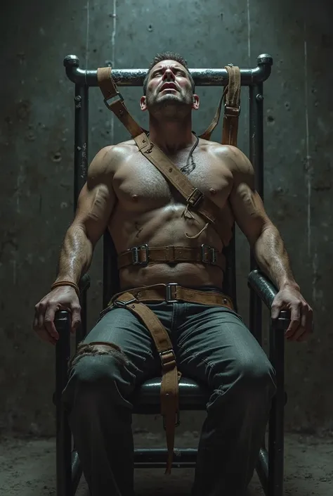 restraint chair with legs hands body and chest, strap restraints, man struggling  in it, and not movable. in a jail cell 