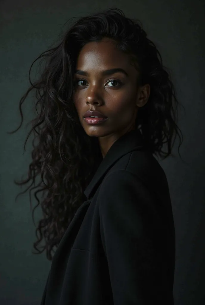 Series of photos of a dark girl with long wavy hair, type photo shoot of model