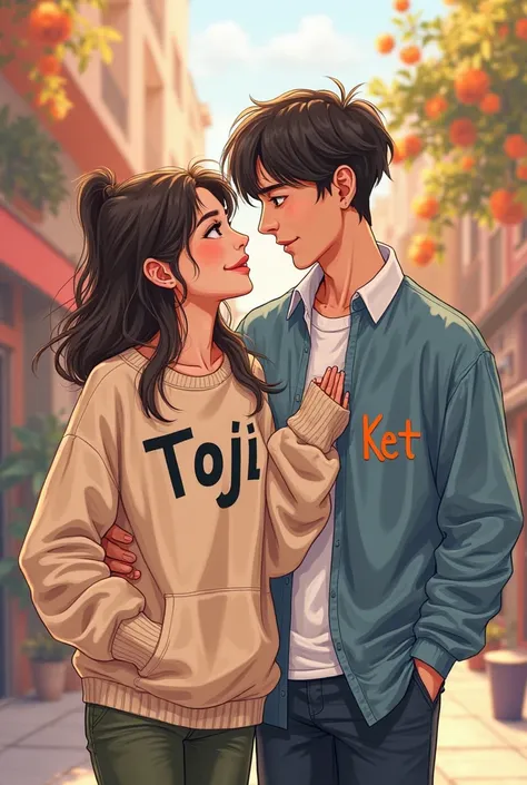  Cartoon couple with sweatshirt with sweatshirt brunette with sweatshirt written Toji and boy with blouse written Ket 