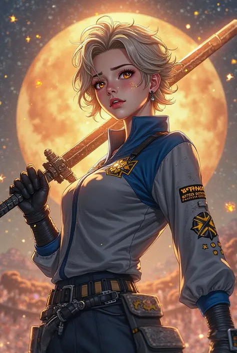 [theme] Interstellar swordsmanship fighting posture  
[appearance] Light chestnut short curly hair, Amber pupils(Nebula light effect), Light golden scar on the right eyebrow  
[clothing] Asymmetric gray and blue work jacket(Navigation cloth on the right sl...