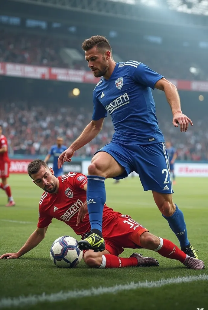 Koziołek Lech Poznań defends in blue gives a kick to the lying griffin Szccinski who has a red jersey in Szczecin 