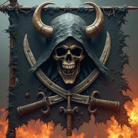 A fearsome pirate ship blending the iconic elements of Jack Rackham, Blackbeard, and Charles Vane’s flags with a menacing hooded demon skull at its center. The background is a tattered black banner, rippling in the wind. From Jack Rackham’s flag, crossed c...