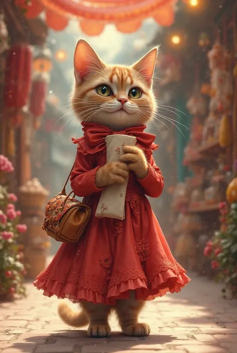 Cat wearing red frock holds a shopping list in one paw and a small purse in the other.
